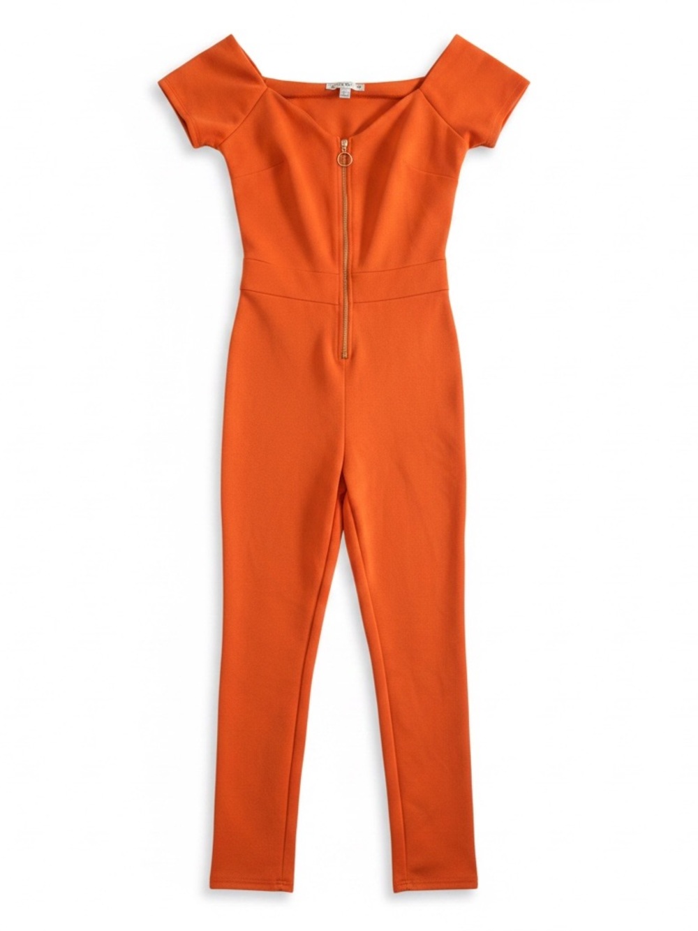 Orange Off Shoulder Jumpsuit Front Zip Fitted Small